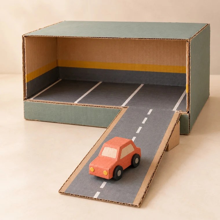 Garagem com rampa de papelão, exemplo ilustrativo