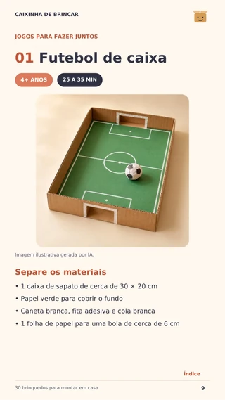 Amostra real do projeto Futebol de caixa com materiais e ilustração.